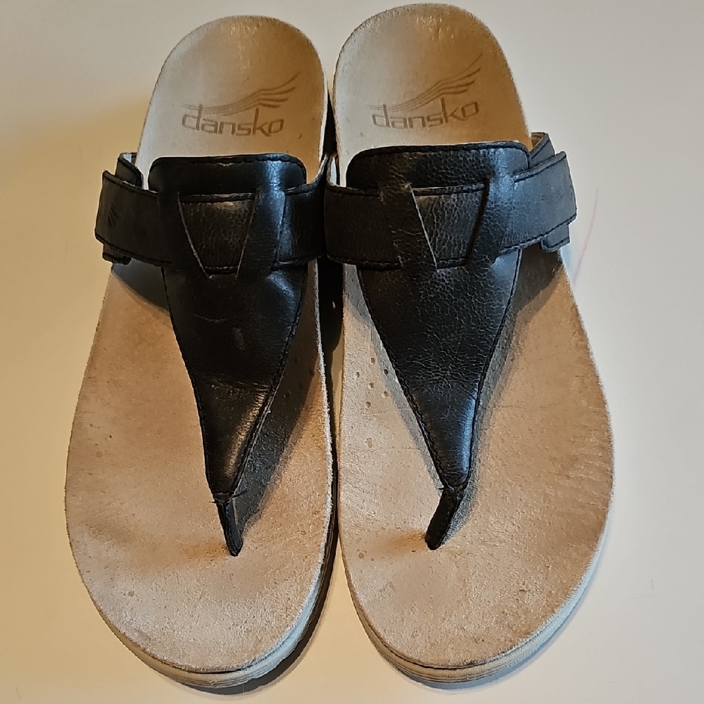 Dansko Black Leather Thong Slide Sandals